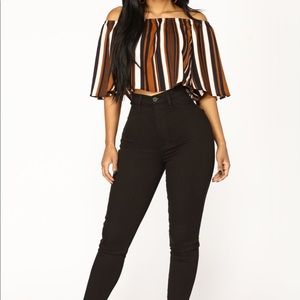 Black/white/brown off shoulder top